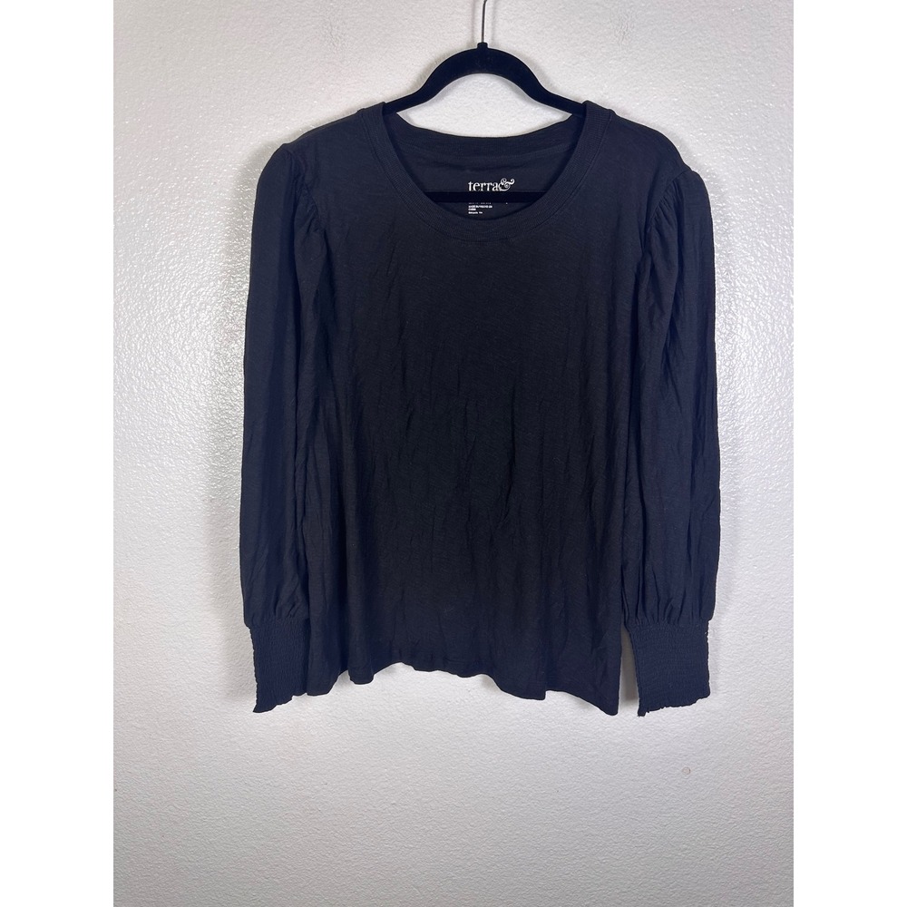 Terra & Sky Womens 1X Black‎ Puff Shoulder Smocked Cuff Long Sleeve Top NWT